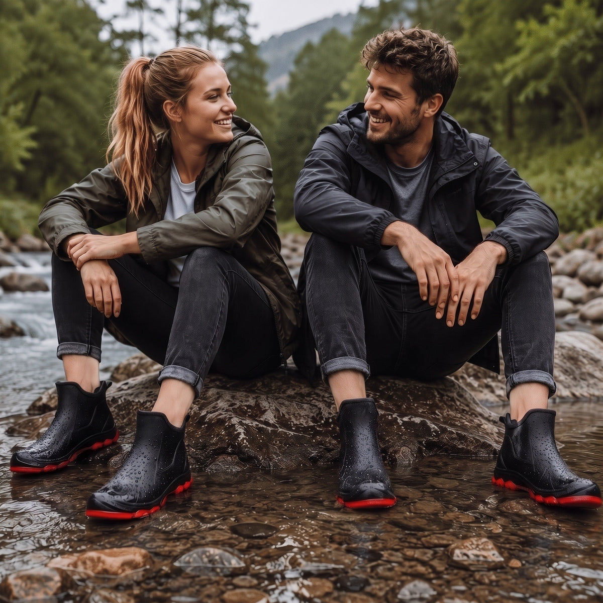 Zwarte regenlaarzen met rode zool, gedragen door man en vrouw buiten | Boutique Moda