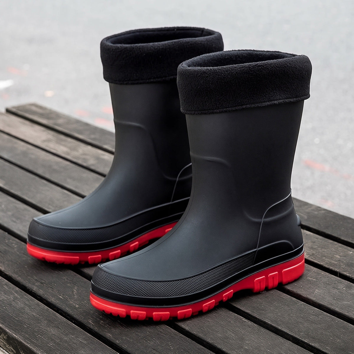 Zwarte halfhoge regenlaarzen met fleecemanchet en rode zool, los staand | Boutique Moda