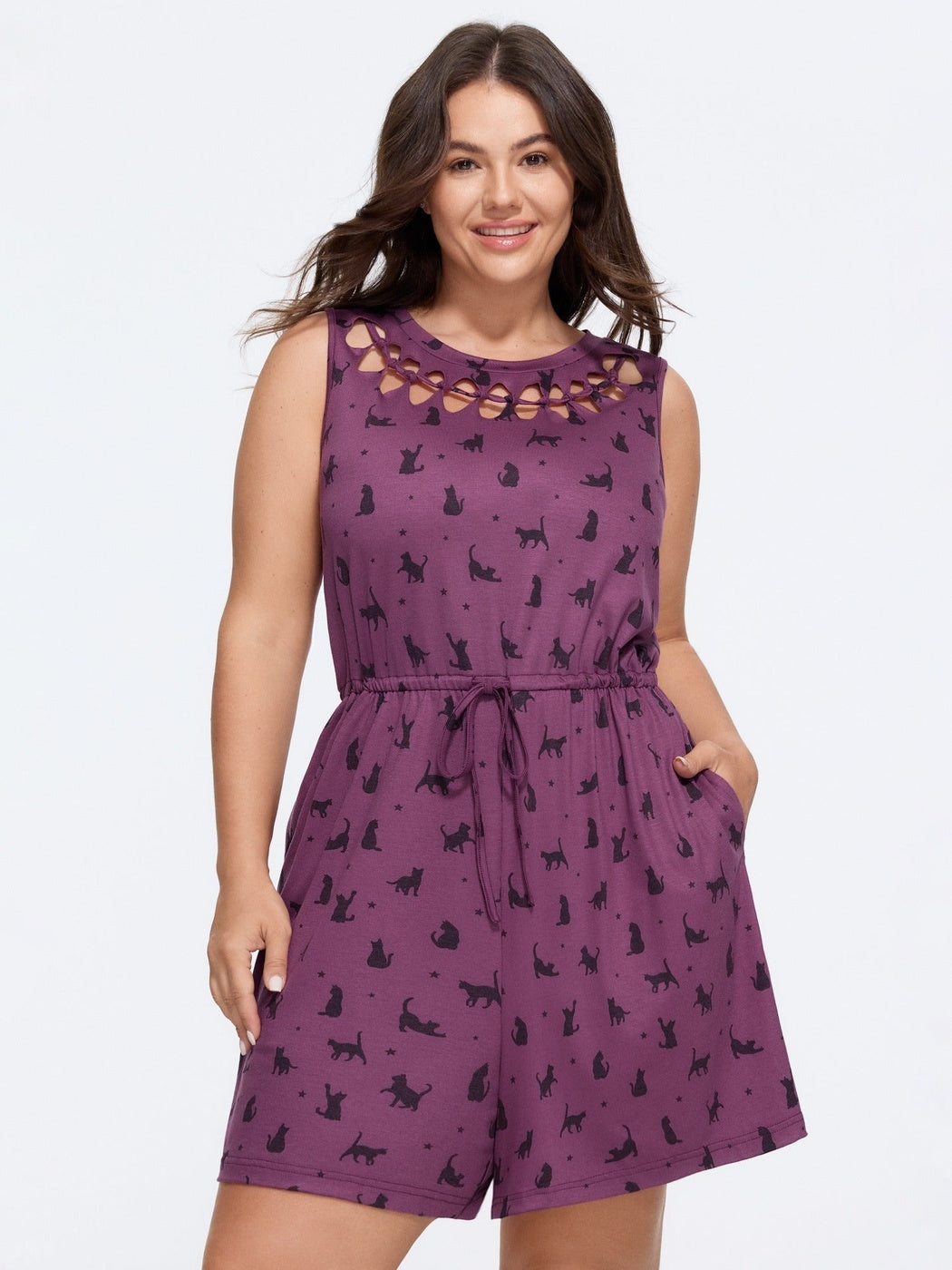 Pruimkleurige lounge playsuit met kattenprint, voorkant