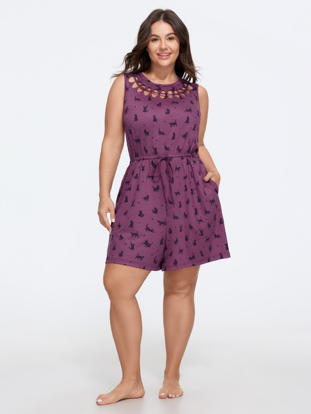 Pruimkleurige playsuit met strikkoord, volledige lengte