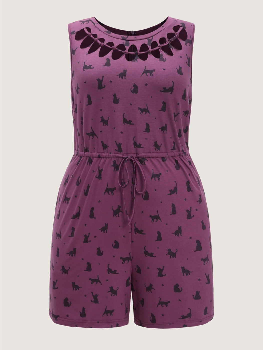 Pruimkleurige playsuit met kattenprint, plat
