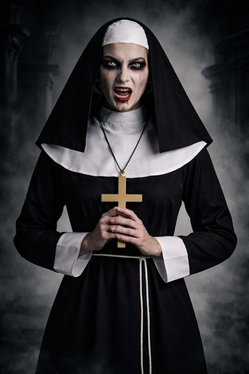 Nonnenkostuum met donkere Halloween make-up