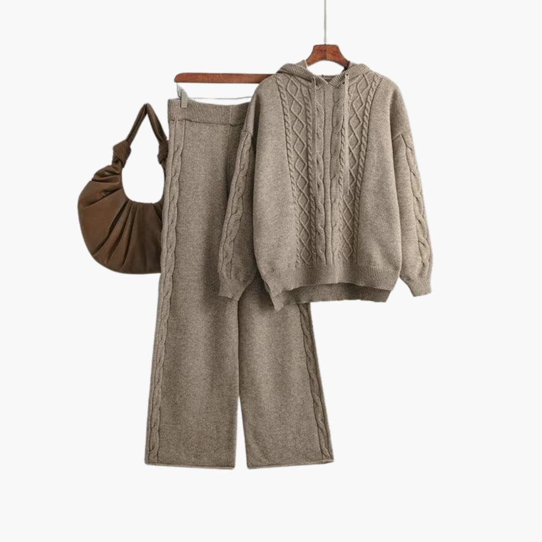 Gebreide co-ord set dames in taupe met hoodie en wijde broek