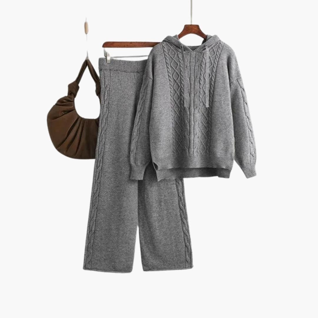 Gebreide co-ord set dames in grijs met hoodie en wijde broek