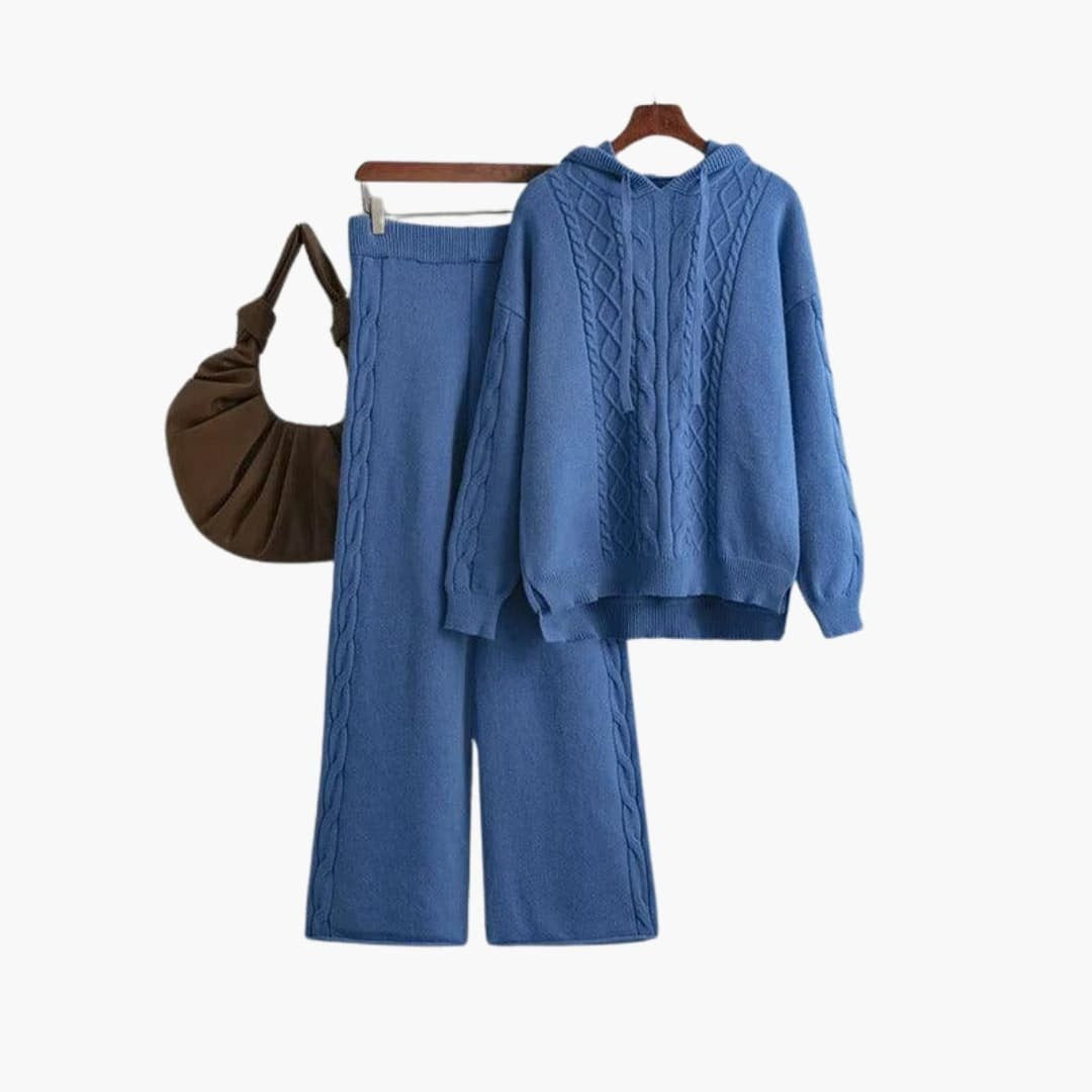 Gebreide co-ord set dames in blauw met hoodie en wijde broek
