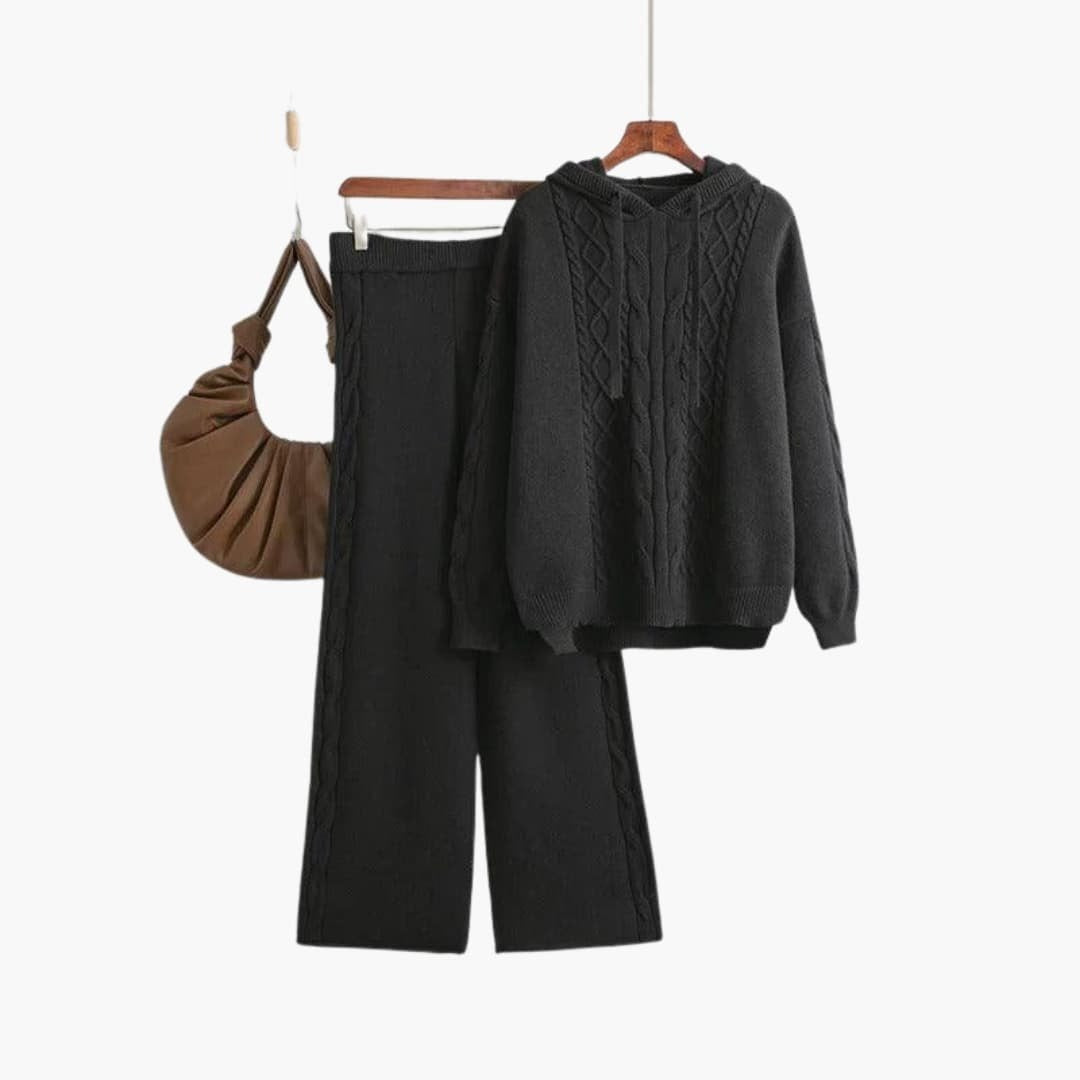 Gebreide co-ord set dames in zwart met hoodie en wijde broek