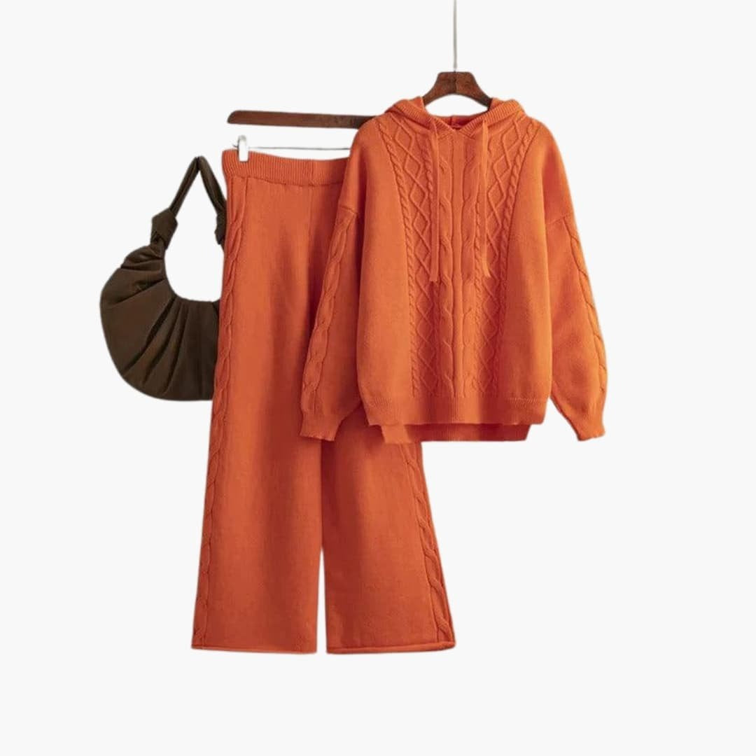 Gebreide co-ord set dames in oranje met hoodie en wijde broek
