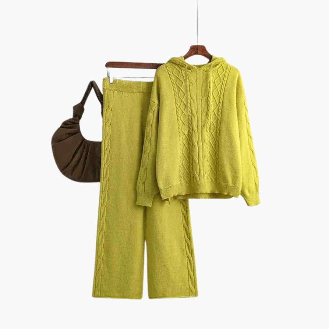 Gebreide co-ord set dames in limoengeel met hoodie en wijde broek