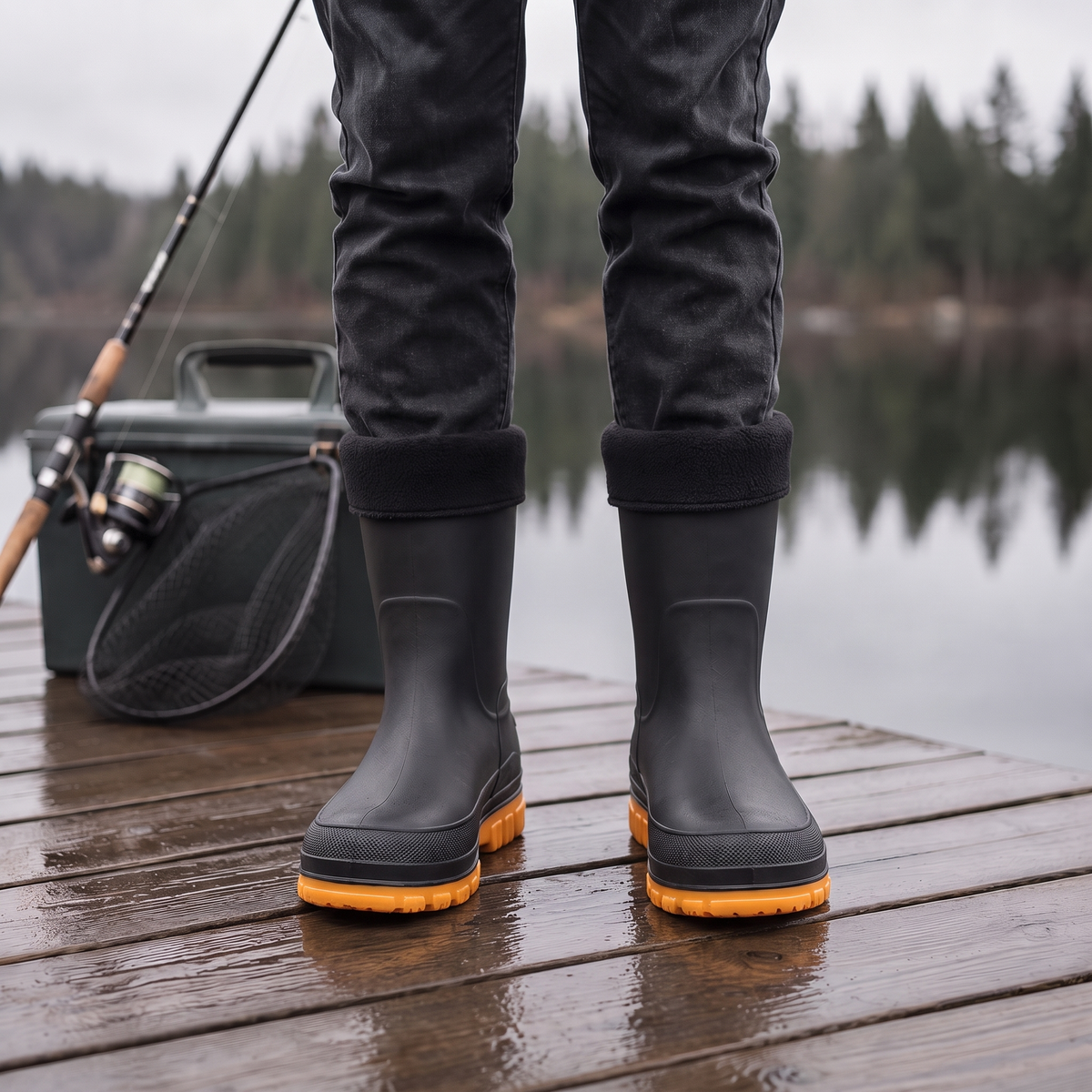 Zwarte regenlaarzen met oranje zool, gedragen op een houten steiger | Boutique Moda