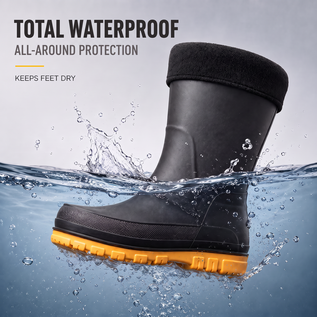 Zwarte regenlaars met gele zool, deels gedompeld in spattend water | Boutique Moda