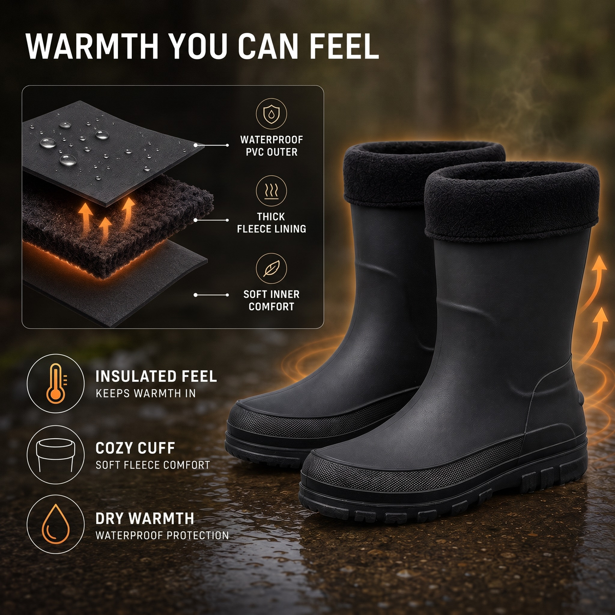 Zwarte regenlaarzen met fleece voering, infographic over waterdichtheid en warmte | Boutique Moda