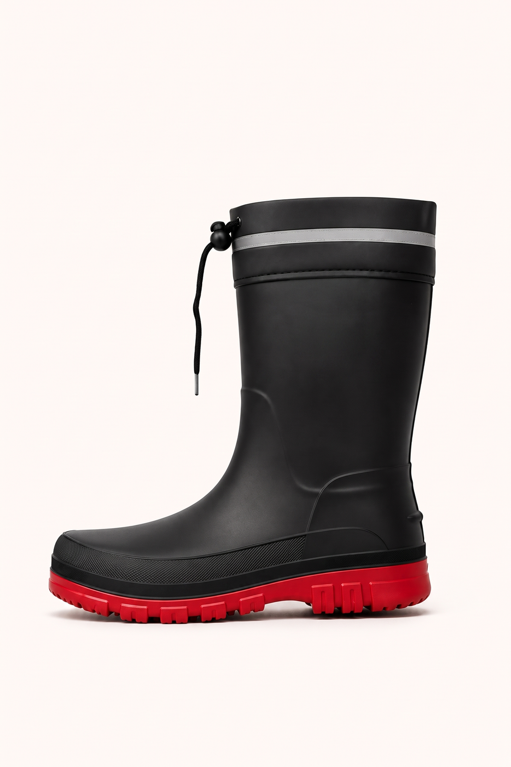 Zwarte regenlaars met rode zool, reflecterende streep en verstelbaar koord | Boutique Moda