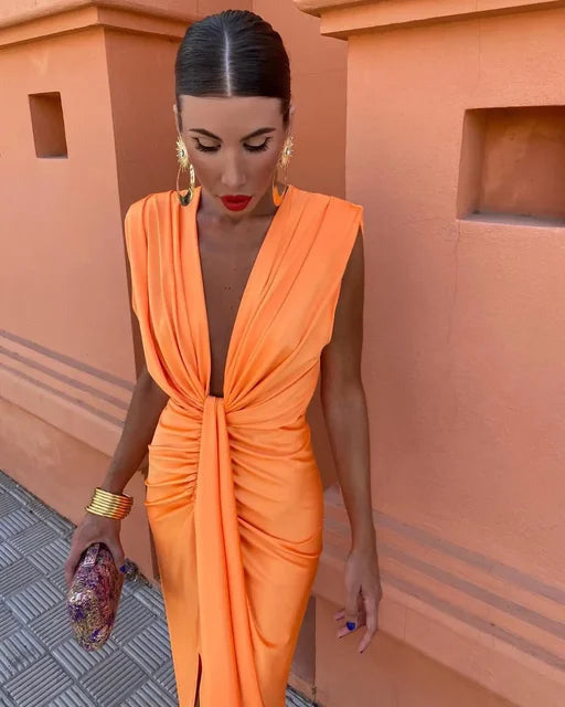 Feestjurk | Gedrapeerde Midi Jurk | V Hals | Split-Boutique Moda