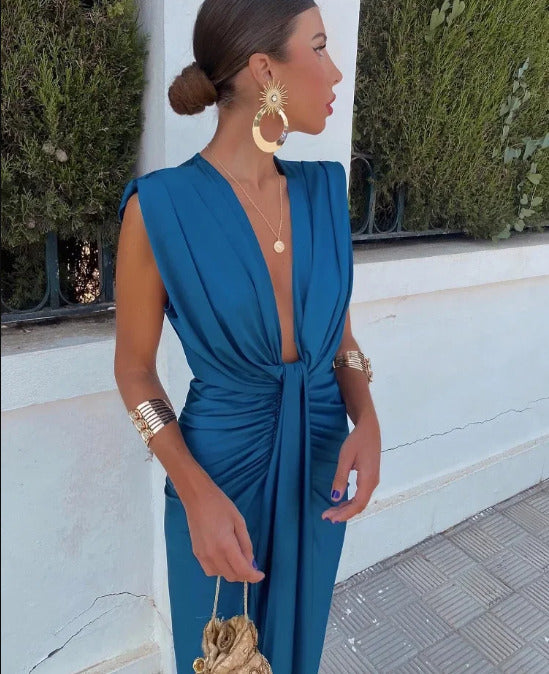 Feestjurk | Gedrapeerde Midi Jurk | V Hals | Split-Boutique Moda