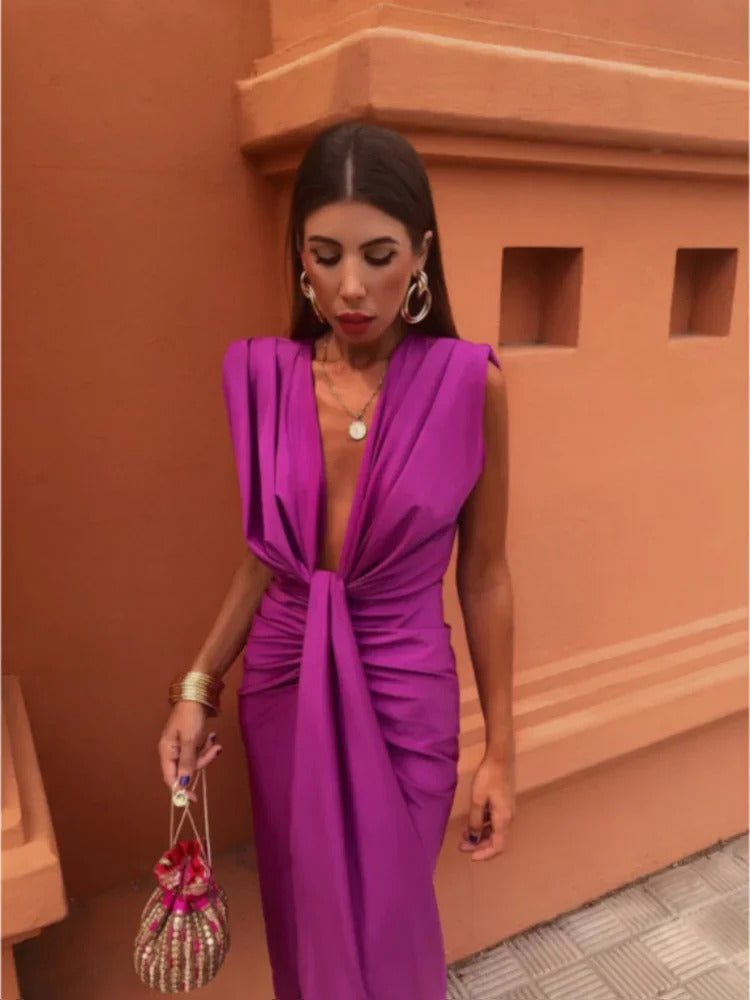 Feestjurk | Gedrapeerde Midi Jurk | V Hals | Split-Boutique Moda