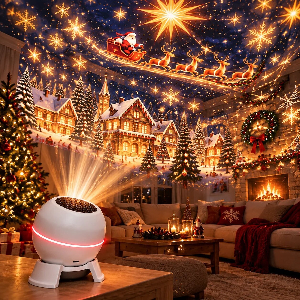 Witte lichtprojector op tafel met sterren- en kerstdorp projectie erboven | Boutique Moda