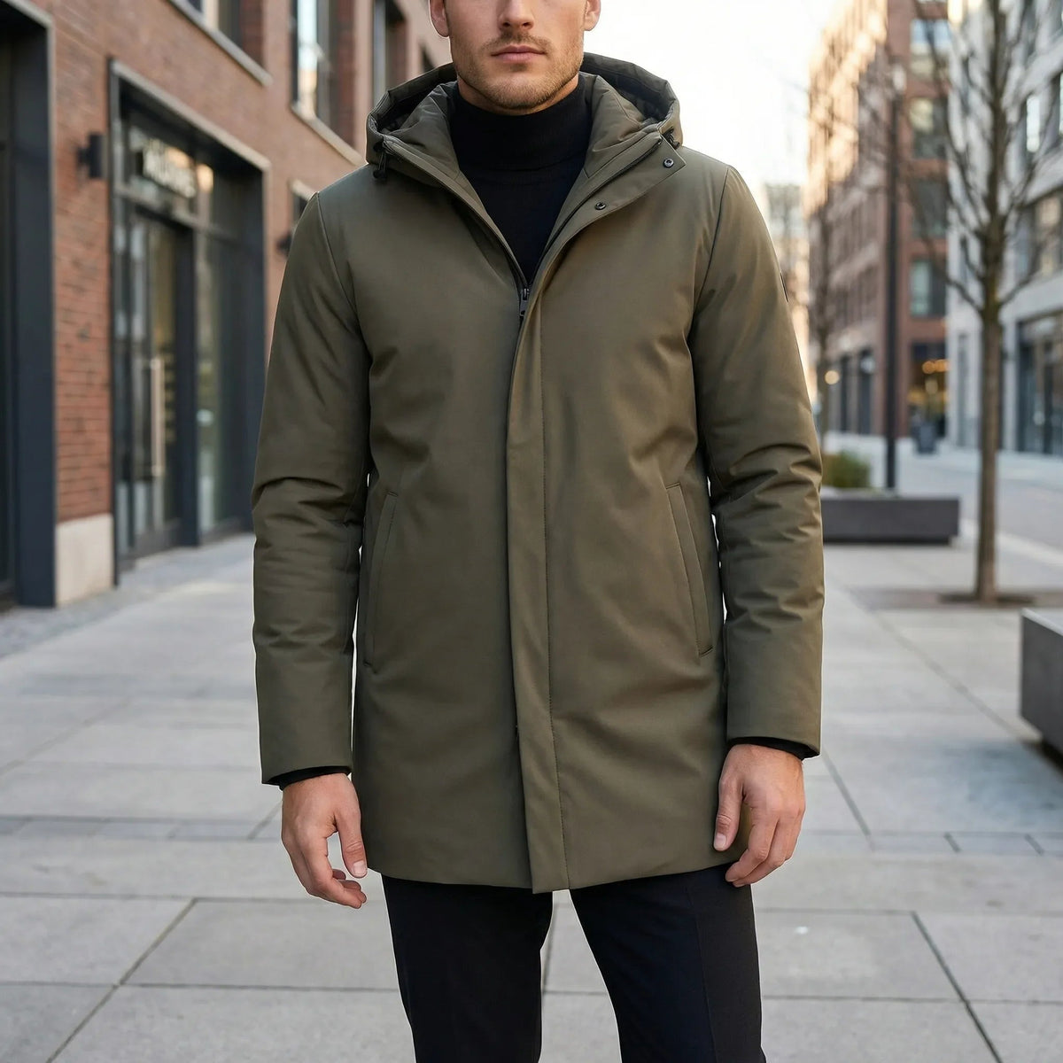 Groene regenjas met capuchon, gedragen door man op straat | Boutique Moda