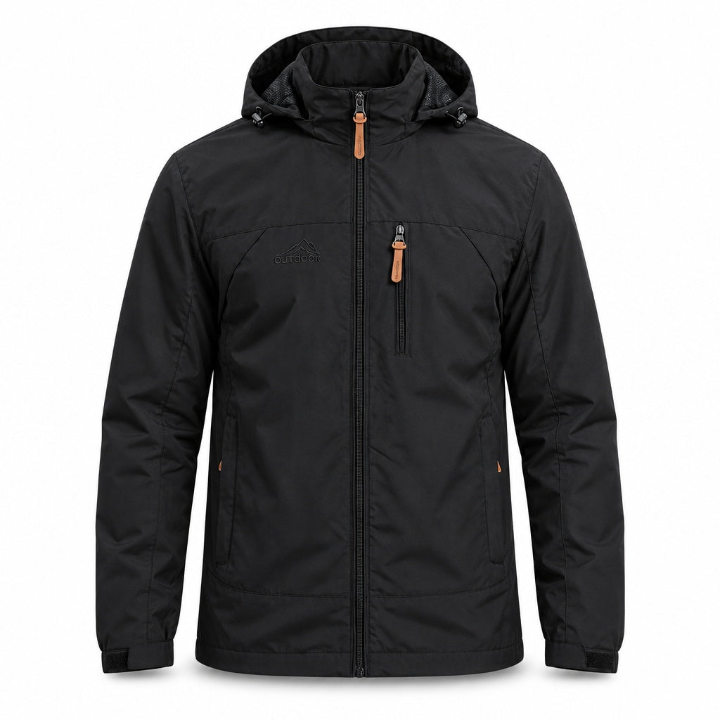 Zwarte outdoorjas met capuchon en ritszak, los liggend getoond | Boutique Moda