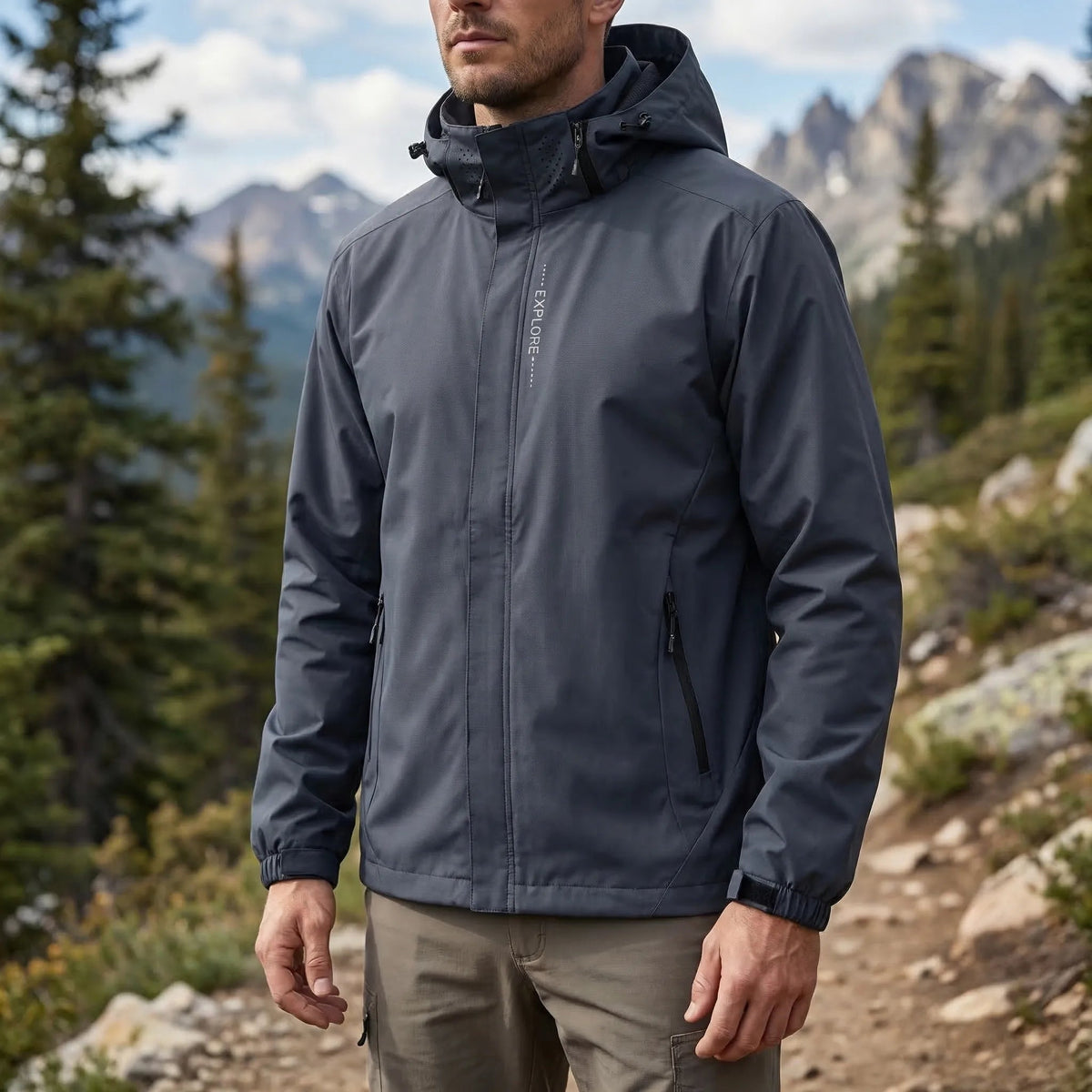 Grijze regenjas met capuchon, gedragen door man op bergpad | Boutique Moda