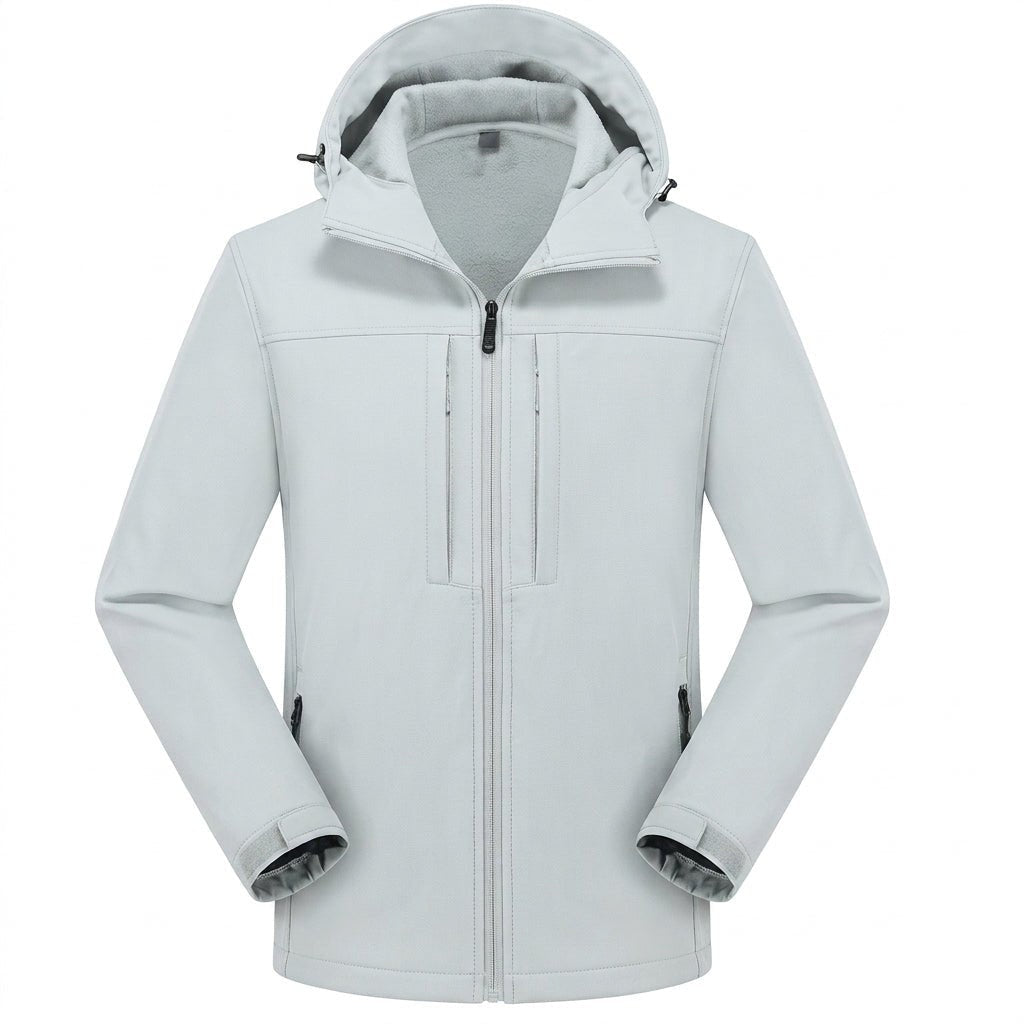 Lichtgrijze softshell jas met capuchon en ritszakken, plat gefotografeerd | Boutique Moda
