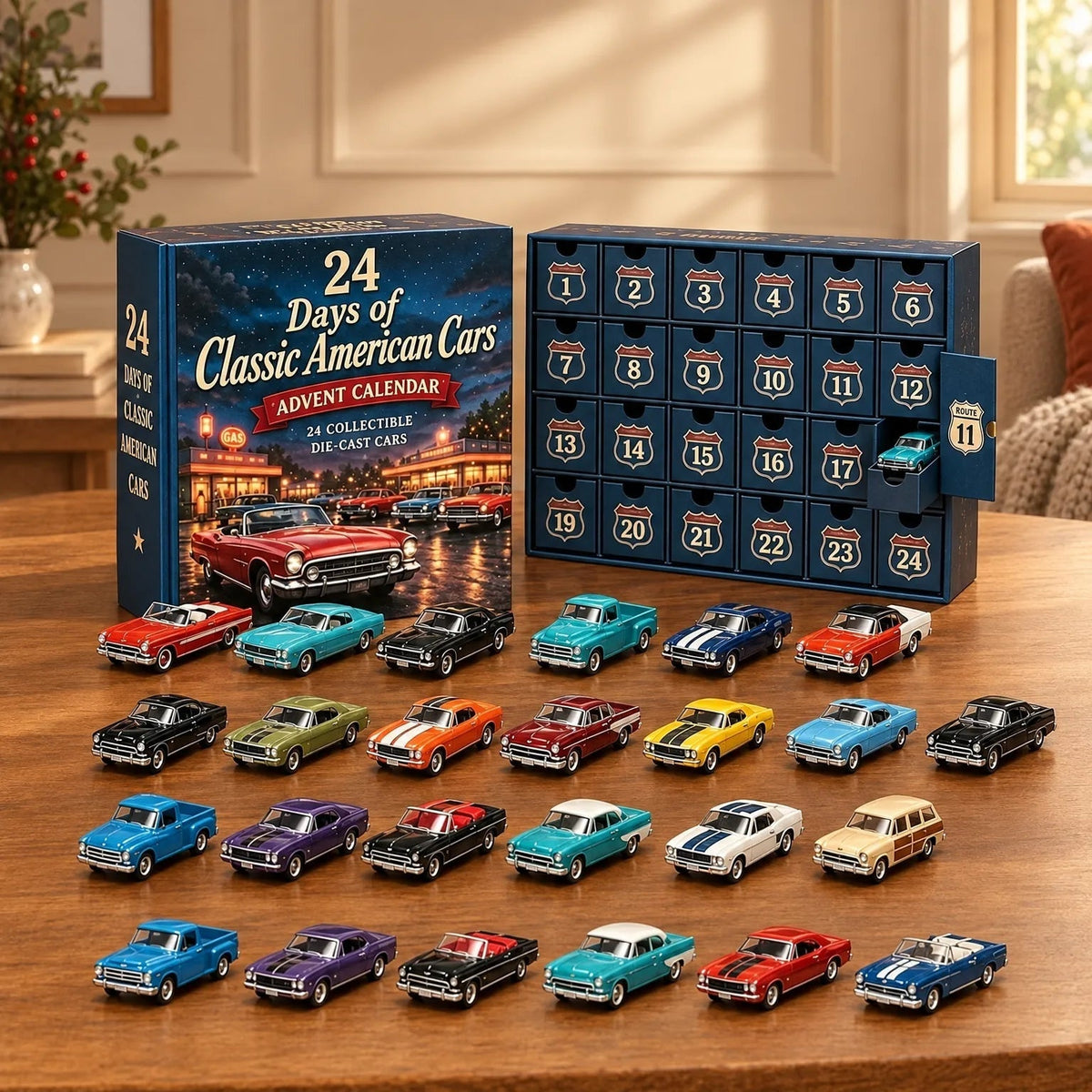 Adventskalender doos met 24 genummerde vakjes en kleurrijke miniatuurautootjes ernaast | Boutique Moda