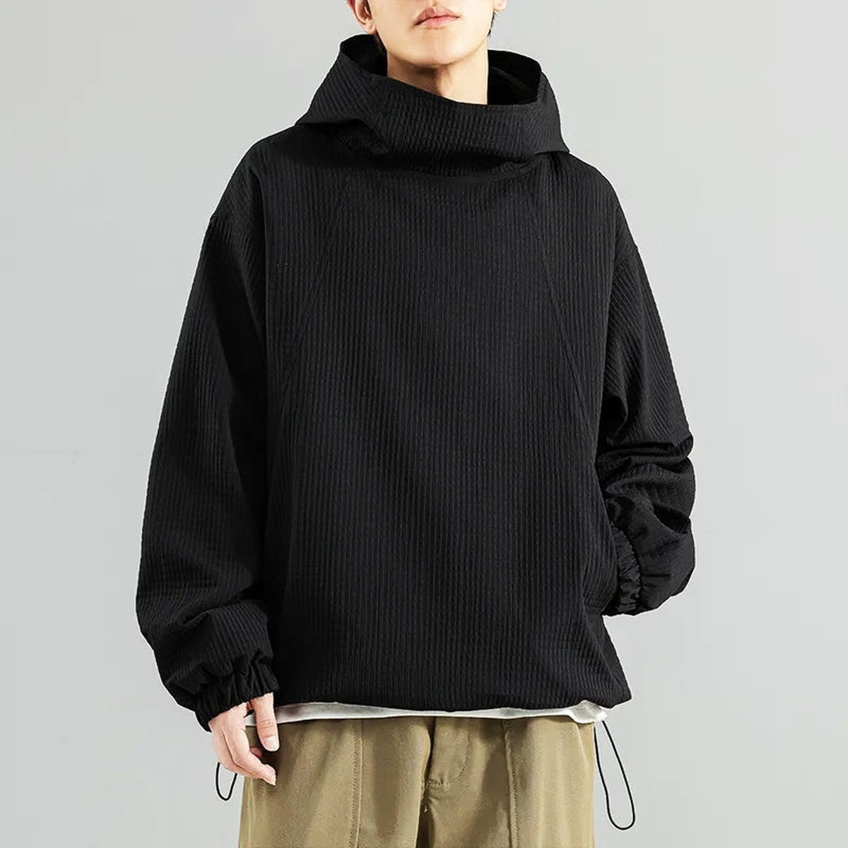 Oversized Hoodie Heren | Wafelstructuur | Hoge Kraag | Koord in de Zoom