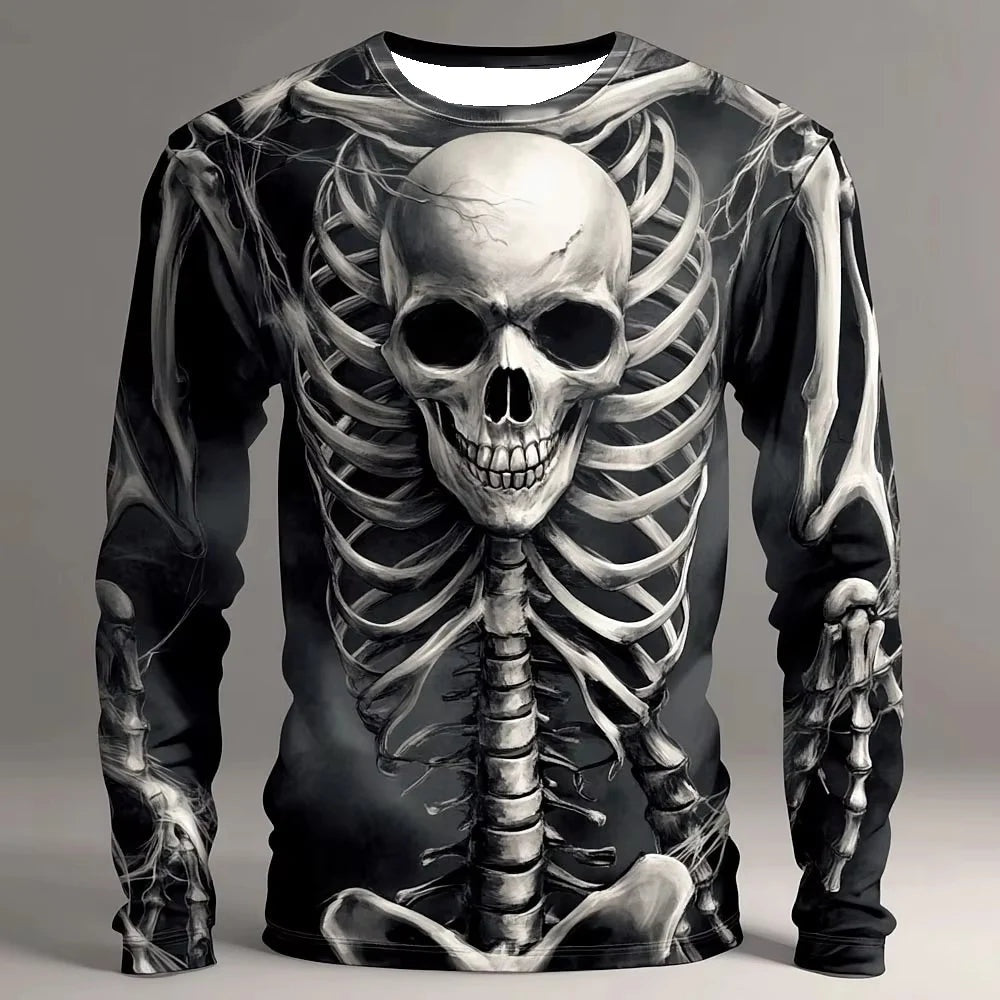 Zwart-wit longsleeve met skelet en doodskop print, gedragen door model | Boutique Moda