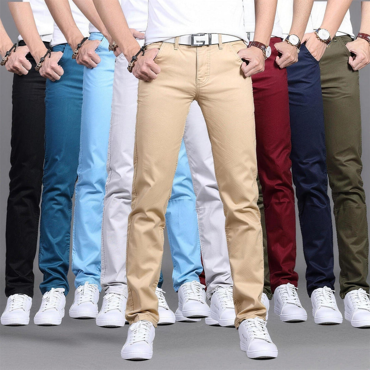 Chino broeken in meerdere kleuren, gedragen door meerdere personen, rechte pijp | Boutique Moda