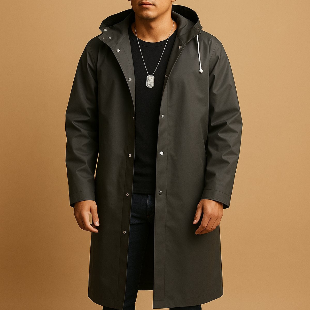 Lange groene regenjas met capuchon, gedragen door een man | Boutique Moda
