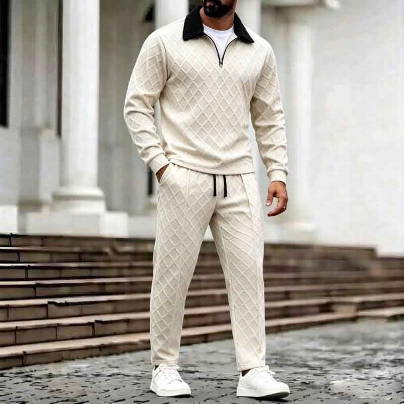 Halfzip Loungeset Heren | Ruitstructuur | Crème