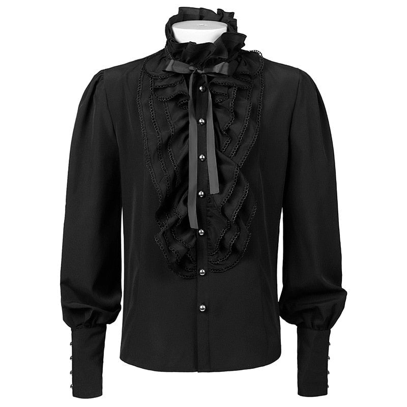 Zwart herenoverhemd met ruchekraag, kant en strik op paspop | Boutique Moda
