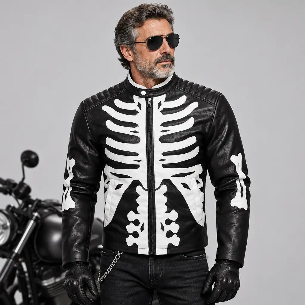 Zwarte bikerjack met wit skeletmotief, gedragen door man voor motorfiets | Boutique Moda