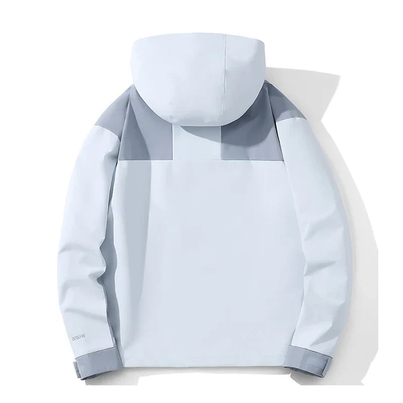 Lichtblauwe hoodie met capuchon, grijze kleurblokken, plat gefotografeerd van achteren | Boutique Moda
