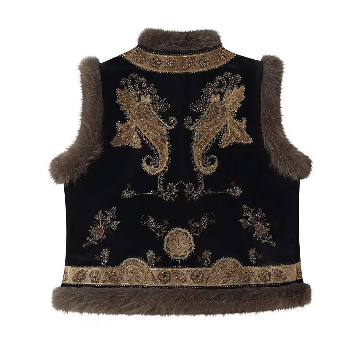 Fluwelen Gilet Dames | Geborduurd | Imitatiebont | Zwartbruin