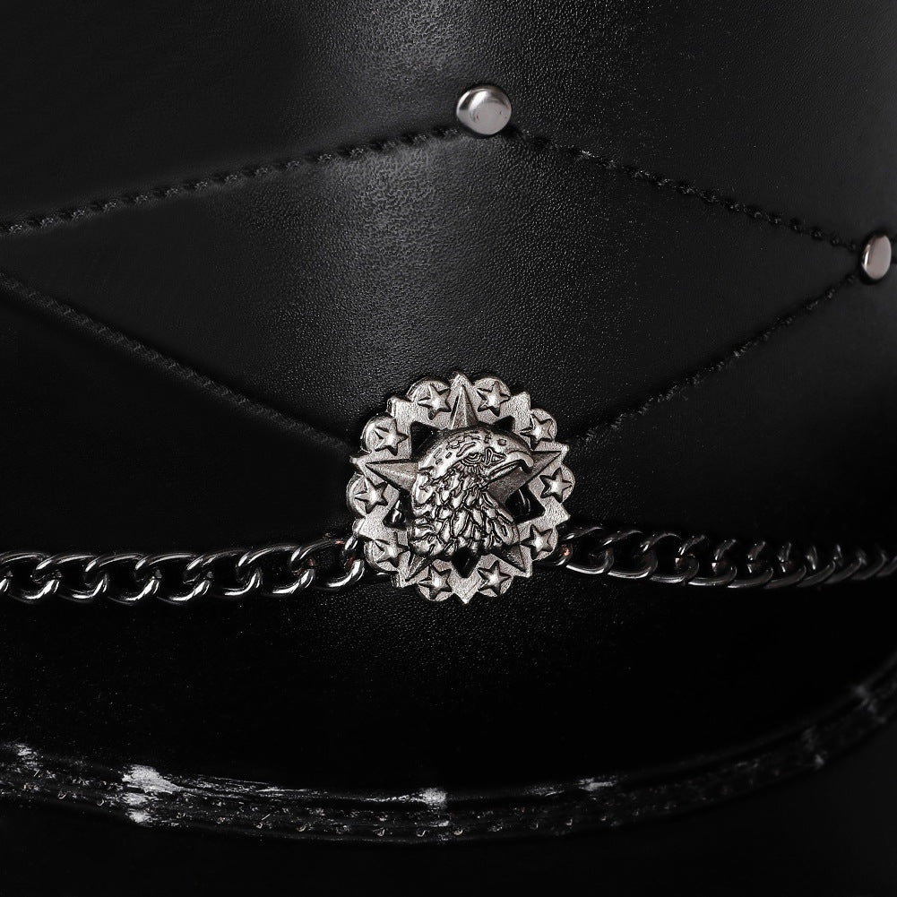 Zwarte hoed met ketting en zilveren adelaar embleem met studs | Boutique Moda