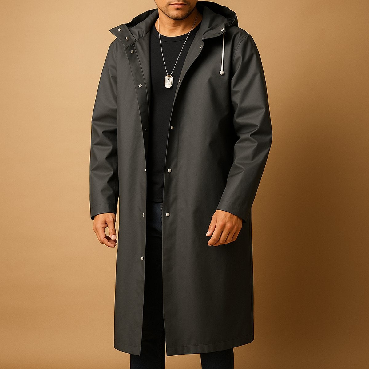 Lange zwarte regenjas met capuchon, gedragen door man met ketting | Boutique Moda