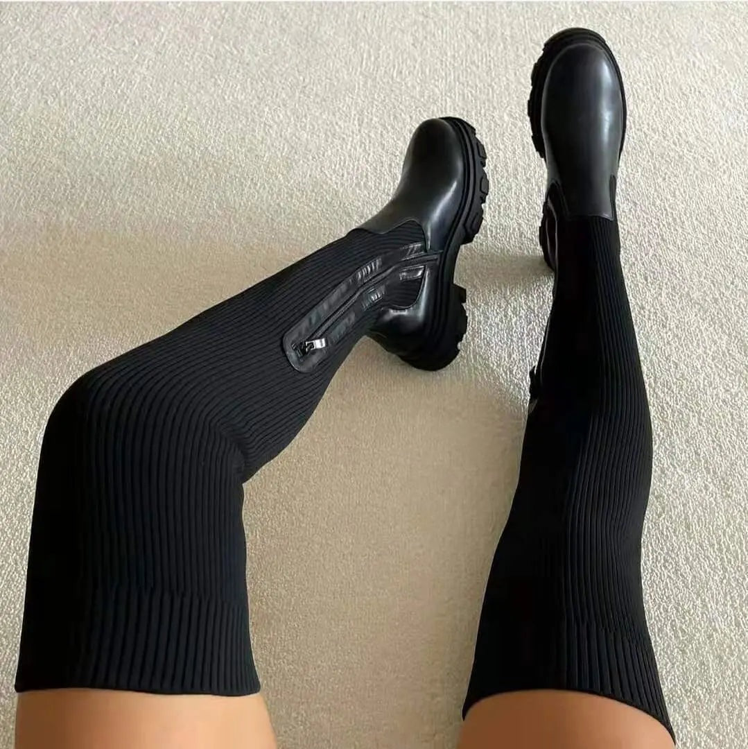 Sock Boots Dames | Overknee | Gebreid | Rits | Plateauzool