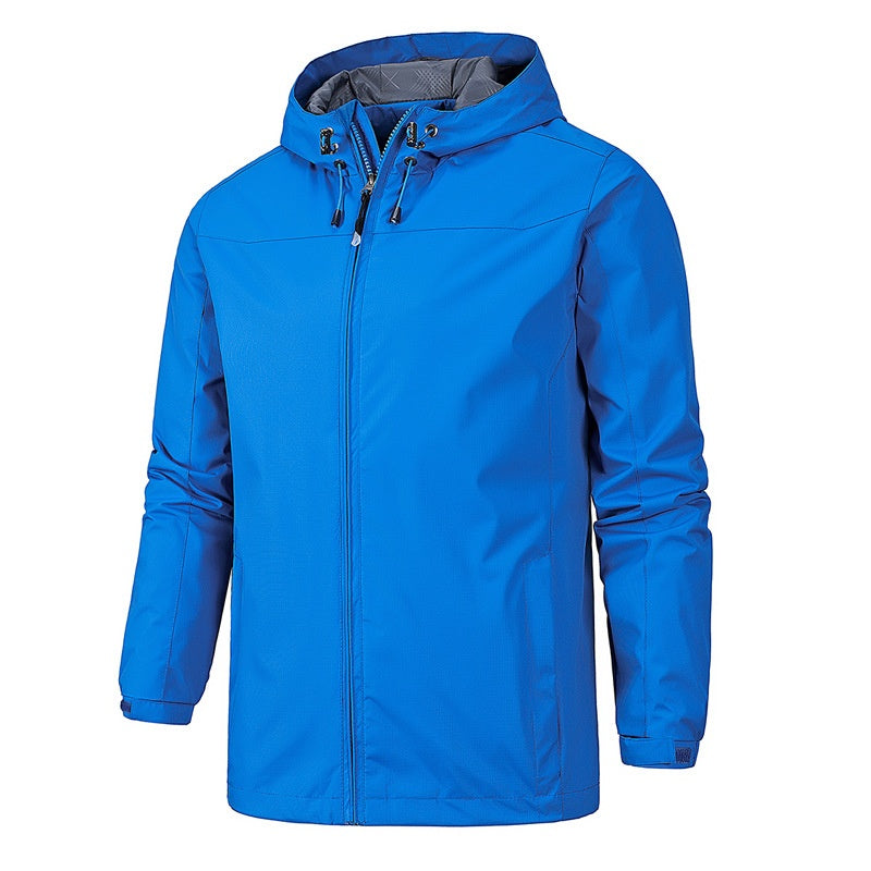 Blauwe outdoorjas met capuchon, getoond op onzichtbare mannequin, voorkant zichtbaar | Boutique Moda