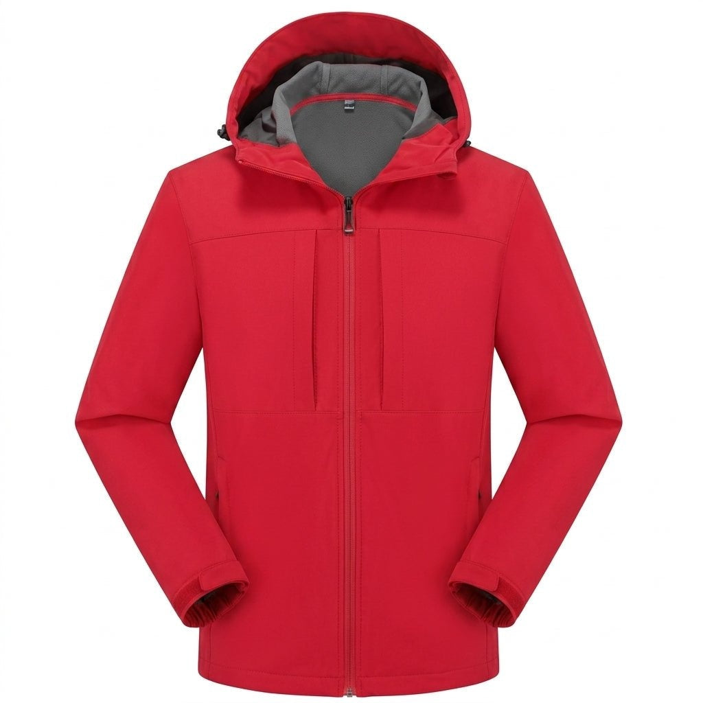 Rode softshell jas met capuchon, getoond op onzichtbare paspop | Boutique Moda