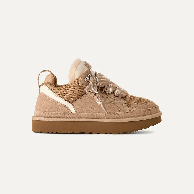 Beige plateau sneaker met brede veters, zijaanzicht, niet gedragen | Boutique Moda