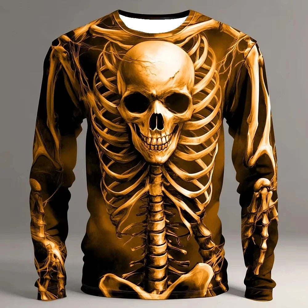 Longsleeve met goudkleurige skelet- en doodskopprint, getoond op paspop | Boutique Moda
