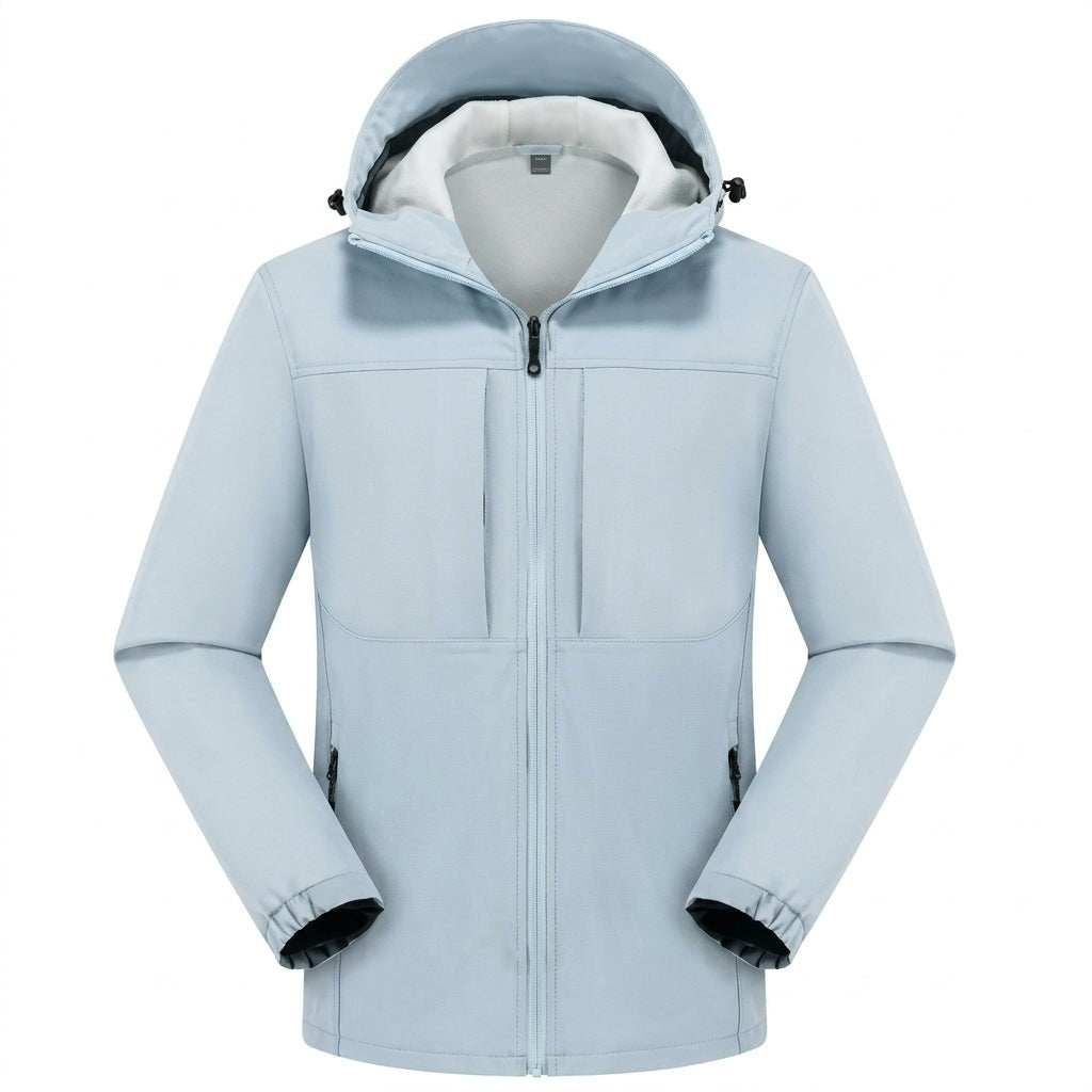 Lichtblauwe softshell jas met capuchon, los opgehangen, effen kleur getoond | Boutique Moda