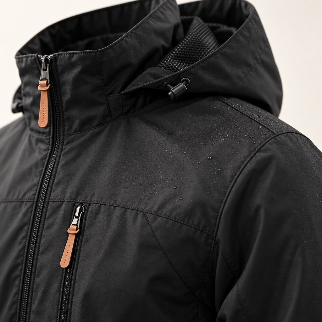 Zwarte waterdichte jas met capuchon, close-up van ritsen en borstzak, gedragen | Boutique Moda