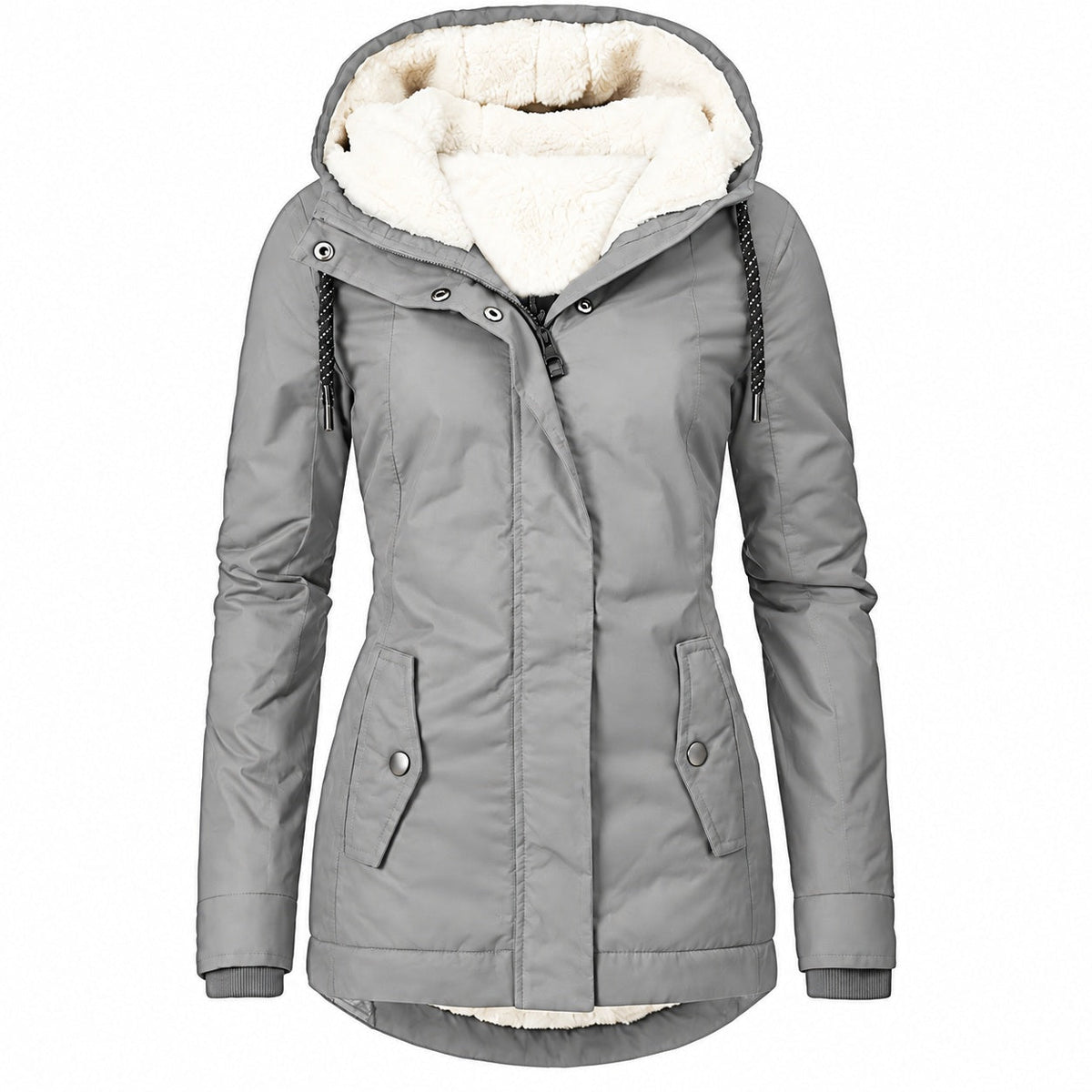 Grijze winterjas met teddy capuchon, gedragen door een persoon, close-up | Boutique Moda