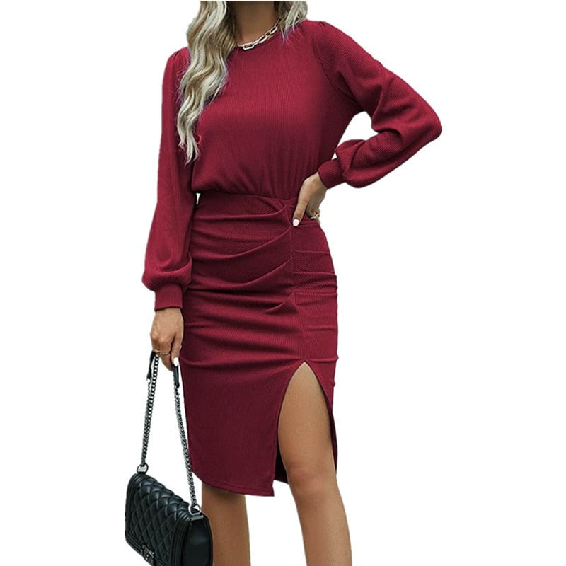 Gebreide Bodycon Jurk | Geribd | Lange Mouwen | Split