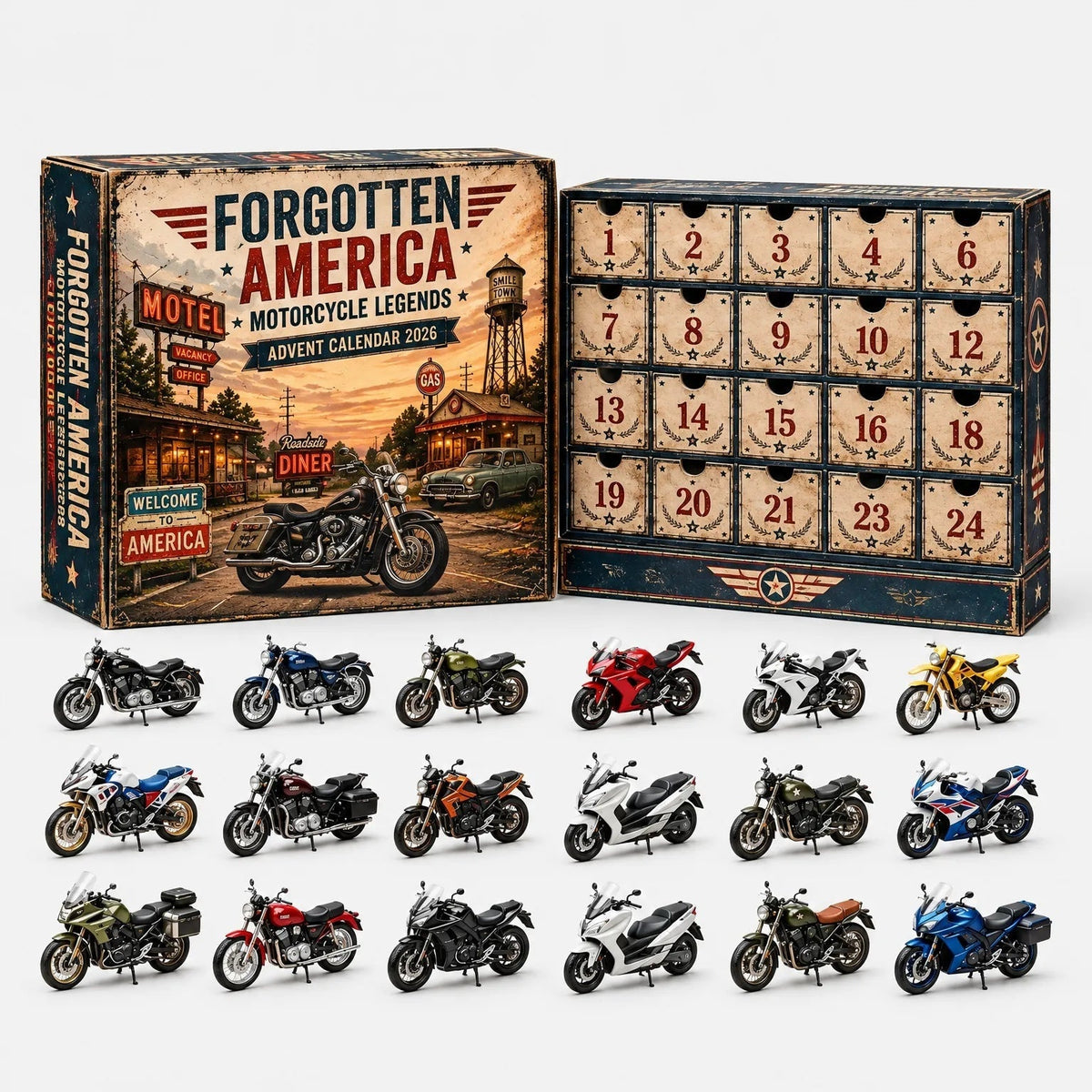 Adventskalenderdoos met 24 vakjes en achttien gekleurde miniatuur motorfietsjes uitgestald | Boutique Moda