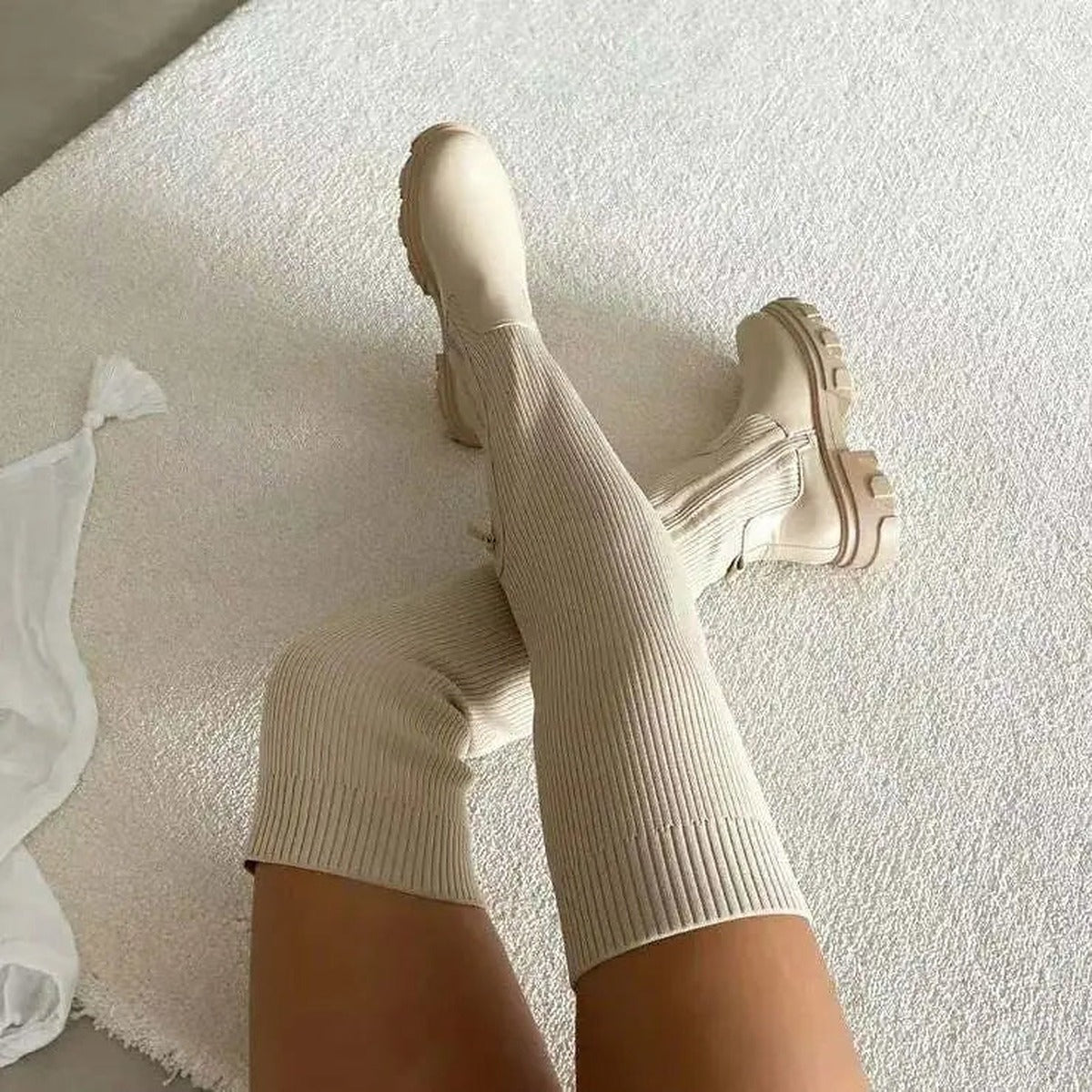 Sock Boots Dames | Overknee | Gebreid | Rits | Plateauzool