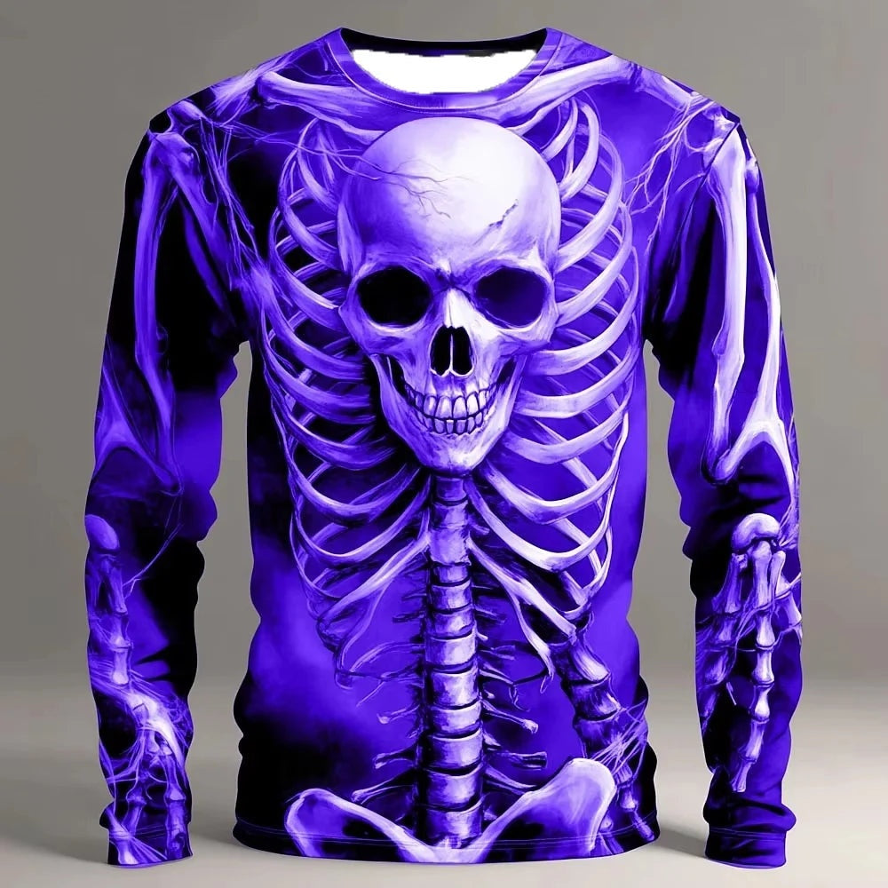 Paarse longsleeve met 3D-print van skelet en doodskop op mannequin | Boutique Moda