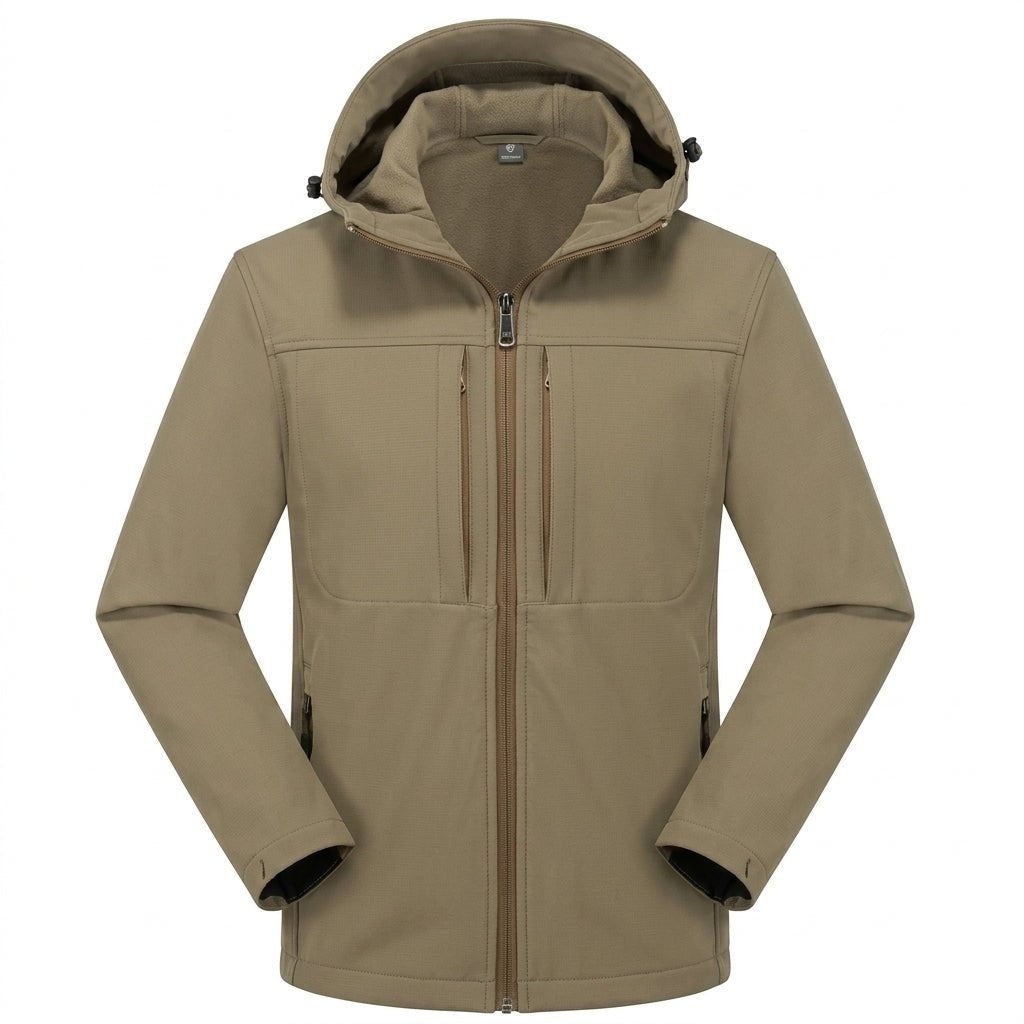 Kaki softshell jas met capuchon, getoond op onzichtbare paspop | Boutique Moda