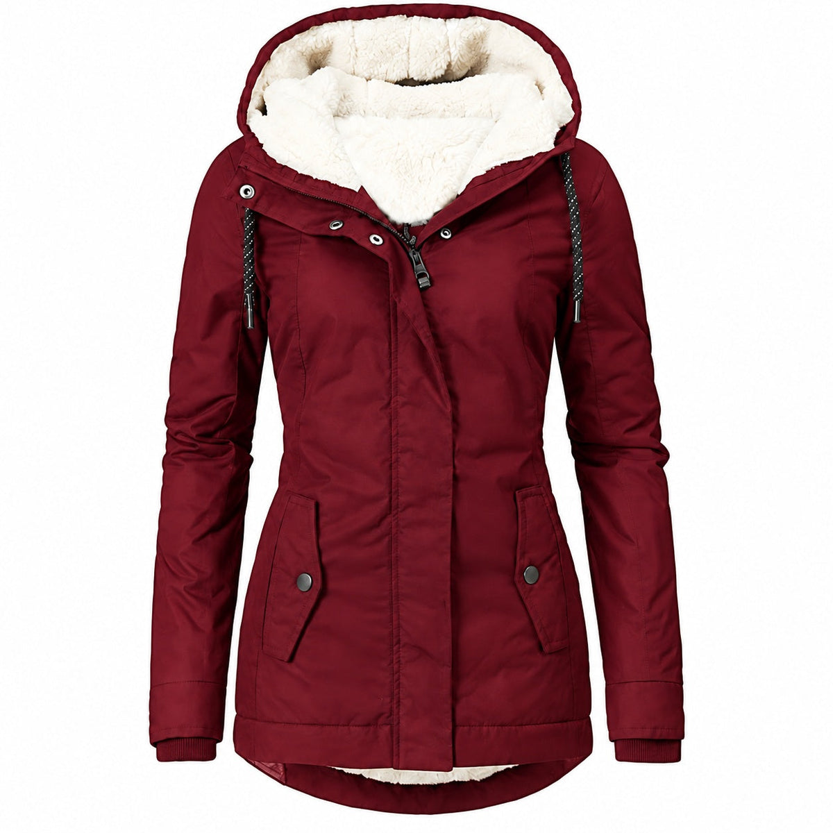Bordeauxrode winterjas met teddy capuchon, vrijstaand getoond zonder model | Boutique Moda